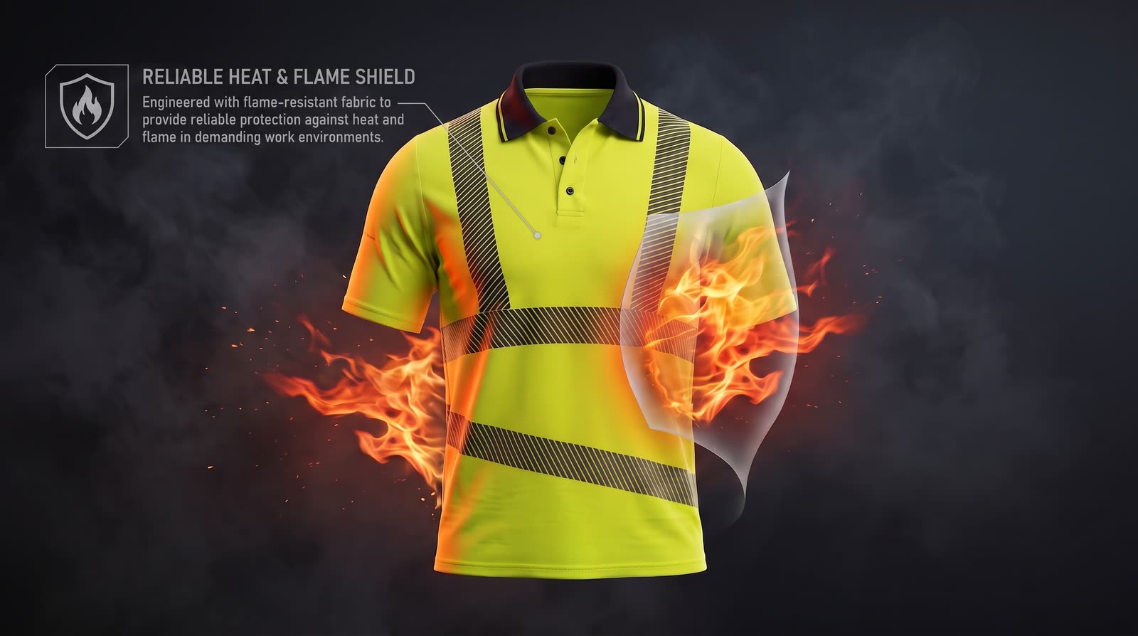 OTSQ-9 T-shirt under flame, illustrating its inherent flame-resistant knitted fabric